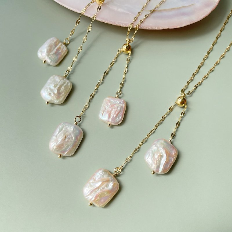 2 rectangle pearl necklace - 项链 - 不锈钢 金色