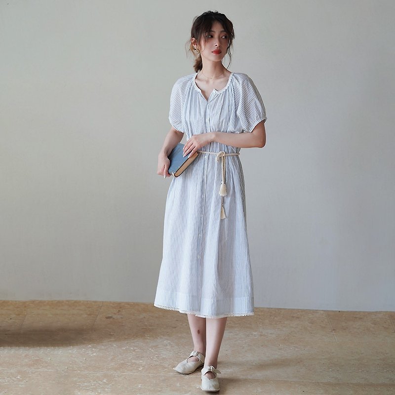 细条纹麻绳系带连衣裙|洋装|夏款|Sora-1224 - 洋装/连衣裙 - 棉．麻 蓝色
