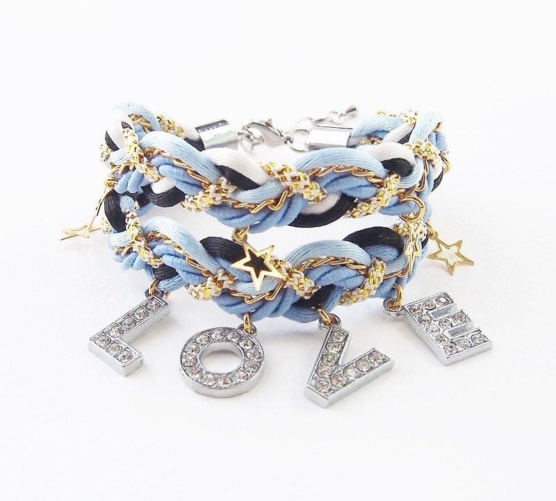 LOVE Blue braided bracelet - valentine gift. - 手链/手环 - 其他材质 蓝色