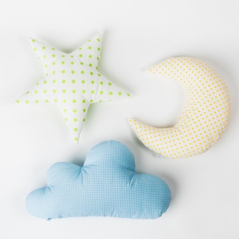 Set of 3! Pillow set cloud - star - moon, green, yellow, blue - 满月礼盒 - 棉．麻 