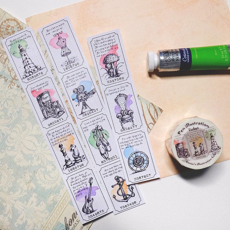 Pen illustration票券纸胶带 (3cm) - 纸胶带 - 纸 