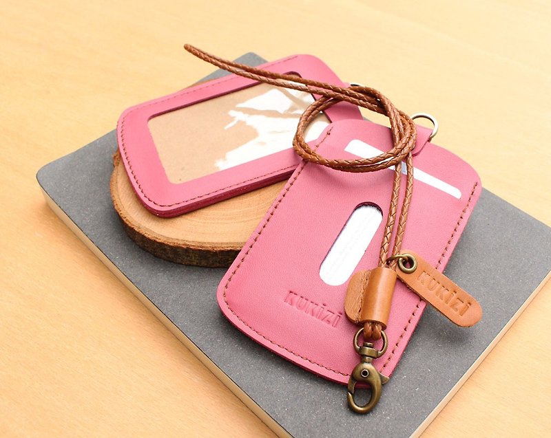 ID case/ Key card case/ Card case - ID 1 -- Pink + Tan Lanyard (Cow Leather) - 证件套/卡套 - 真皮 