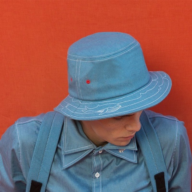 YIZISTORE新款海系列牛仔刺绣渔夫帽盆帽个性遮阳帽情侣帽-鲸鱼 - 帽子 - 其他材质 蓝色