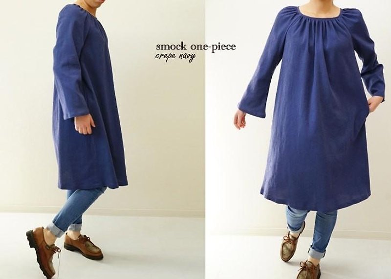 cottonリネン混クレープ ベルスリーブのスモックワンピース/ネイビーブルー a23-4 - 洋装/连衣裙 - 其他材质 蓝色