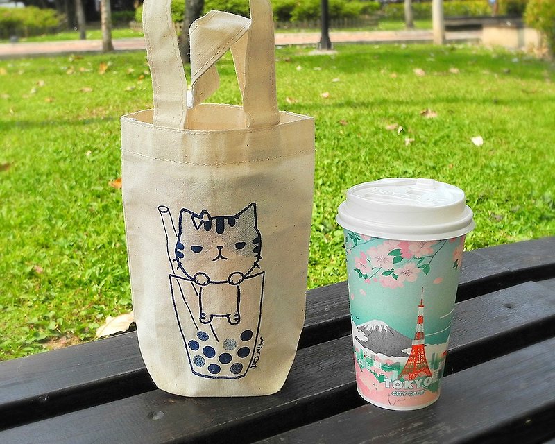 帆布饮料袋 勇者猫系列－珍珠奶茶 手工绢印 饮料提袋 - 随行杯提袋/水壶袋 - 棉．麻 白色