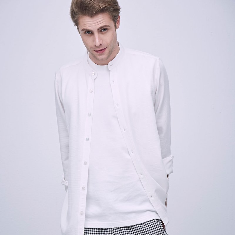 Stone@S Plaid Shirt In White / 立领 格子 格纹 衬衫 - 男装衬衫 - 棉．麻 白色