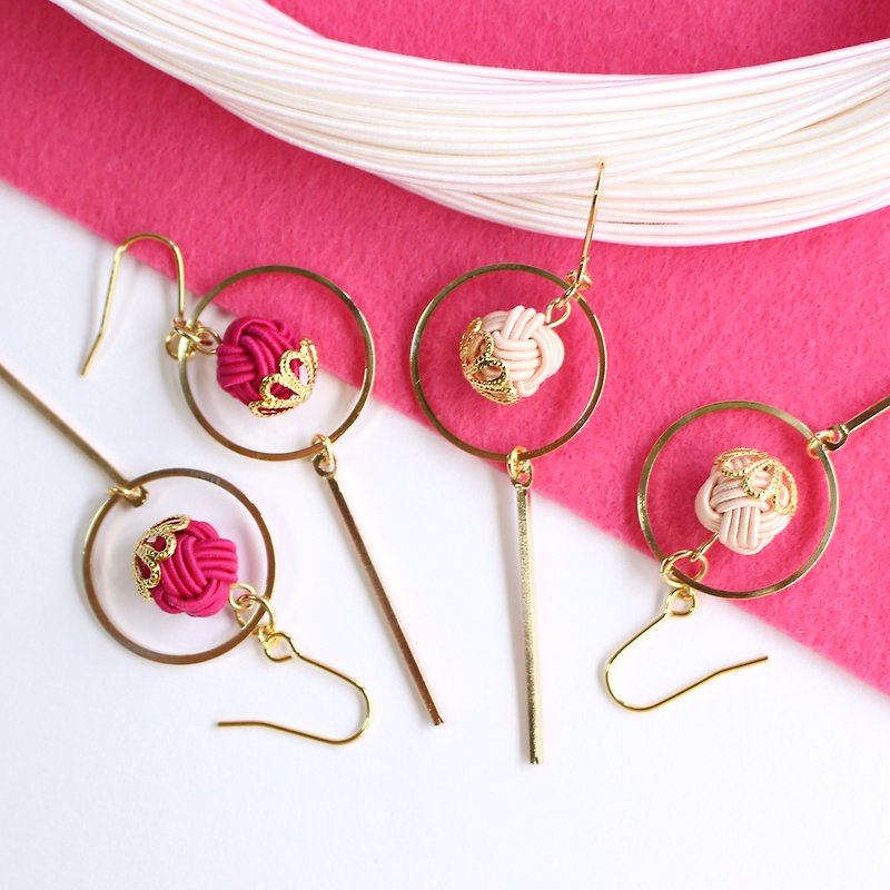 japanese style pierce earring / mizuhiki / japan / accessory / circle / pink - 耳环/耳夹 - 丝．绢 粉红色