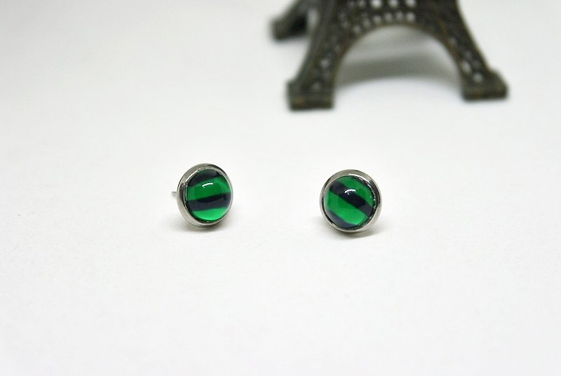 时光宝石X不锈钢针式耳环<绿底黑线> -限量X1- - 耳环/耳夹 - 不锈钢 绿色
