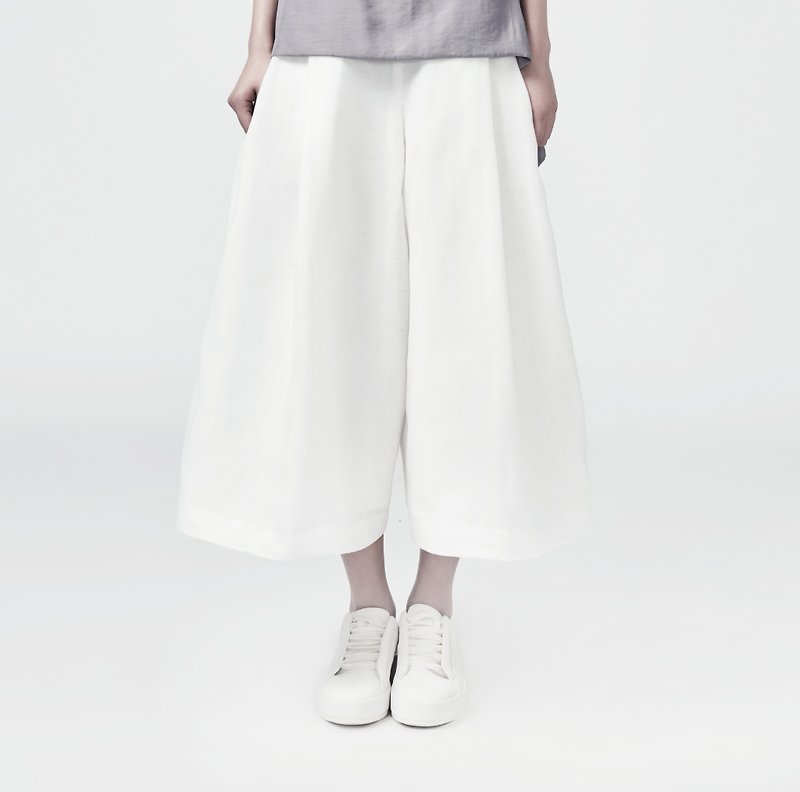 TRAN - 纱质活折宽裤 - 女装长裤 - 聚酯纤维 白色