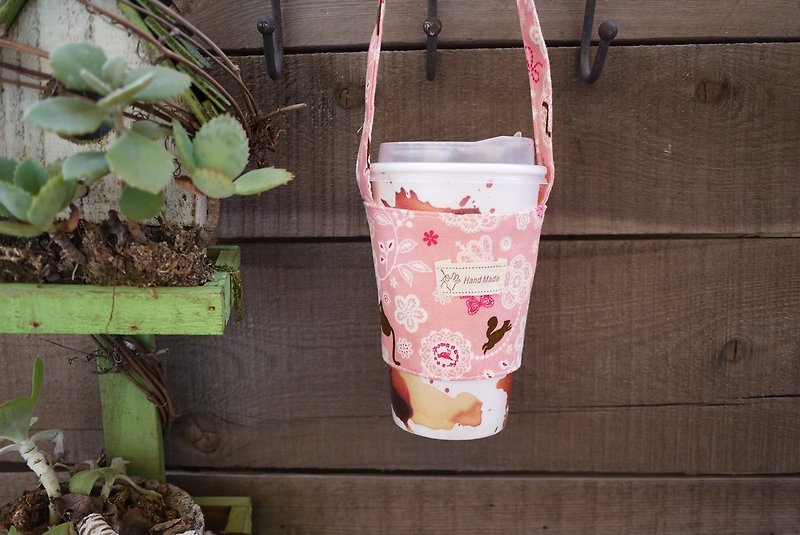 粉红蕾丝猫咖啡杯提袋 - 随行杯提袋/水壶袋 - 棉．麻 