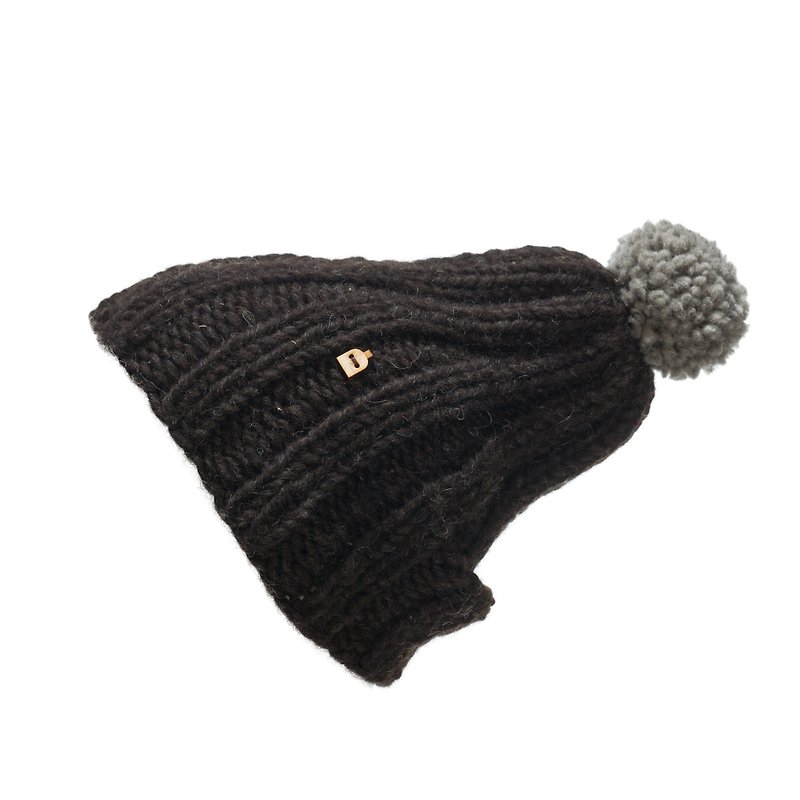 KAAMOS 成人手工羊毛帽 (黑帽灰球球) - 帽子 - 羊毛 黑色