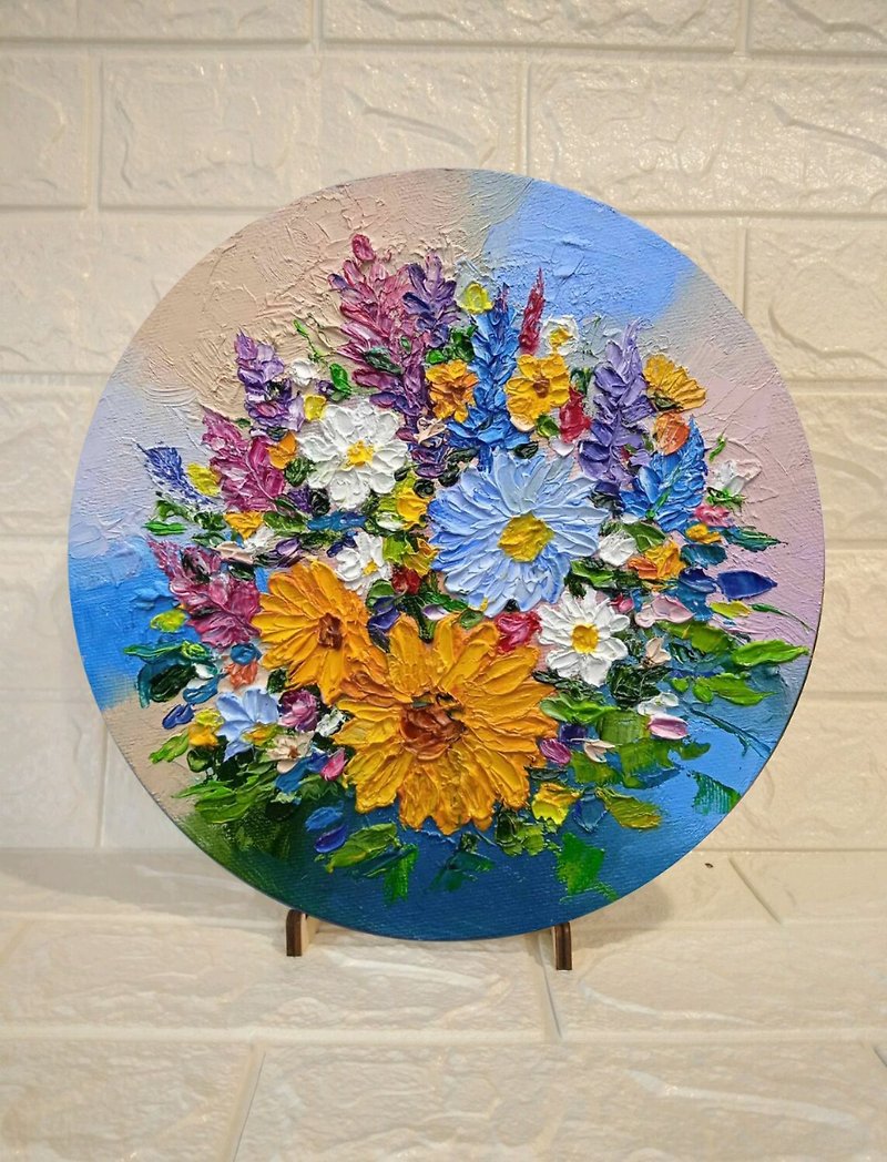 圆形油画明亮的花朵洋甘菊向日葵微型Impasto d.18厘米 - 墙贴/壁贴 - 其他材质 多色