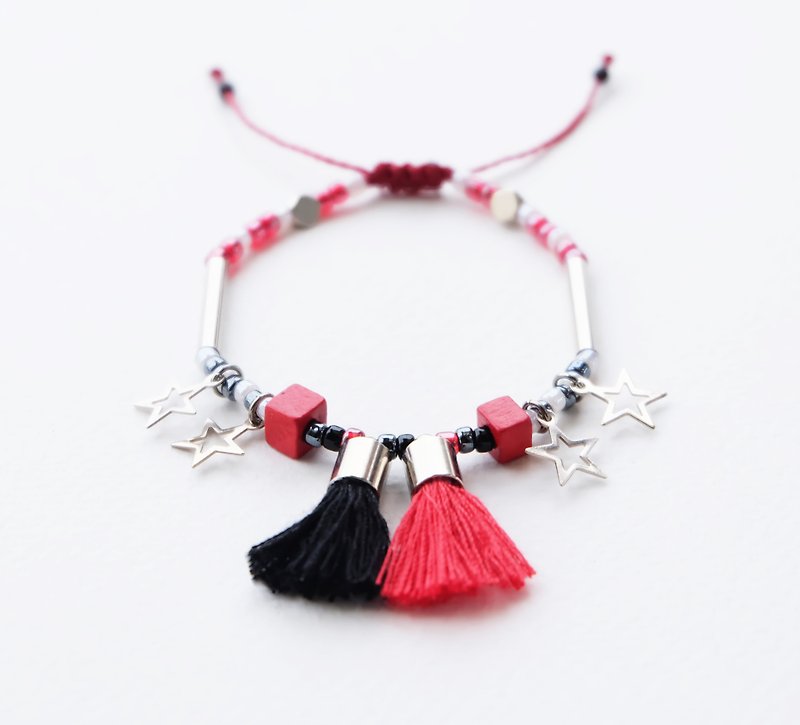 Red black tassel star string bracelet  - 手链/手环 - 其他材质 红色