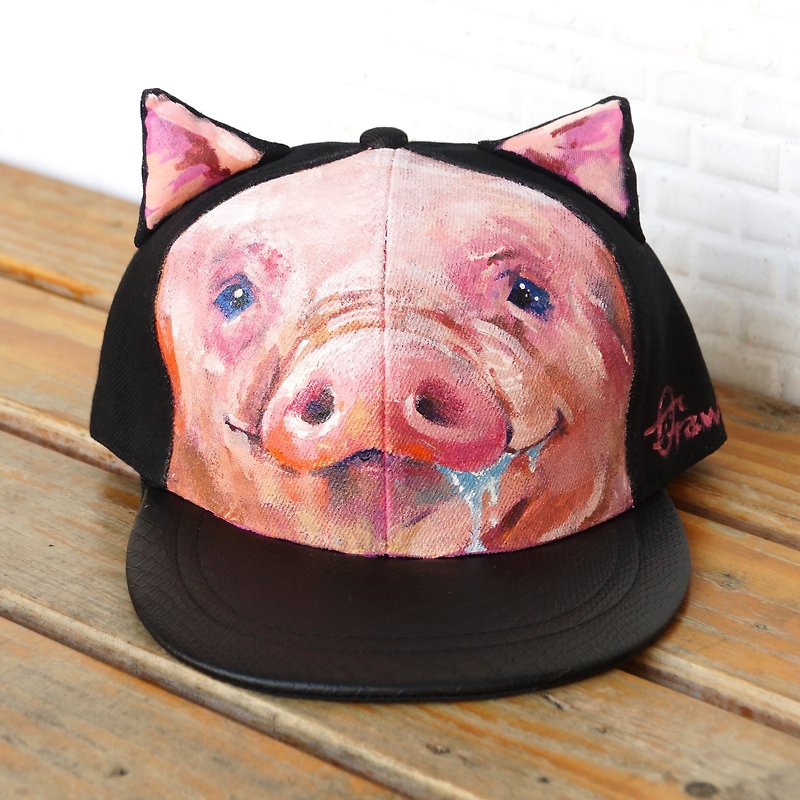手绘猫耳帽〈嘴馋猪〉 - 帽子 - 聚酯纤维 粉红色