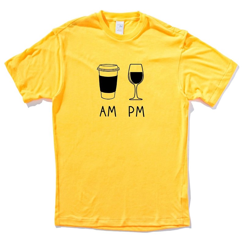 COFFEE AM WINE PM 短袖T恤 黄色 咖啡 酒 礼物 设计 早 晚 插画 - 男装上衣/T 恤 - 棉．麻 黄色