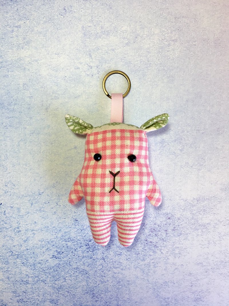 +绿耳粉格纹+小鹿钥匙圈 - 吊饰 - 棉．麻 粉红色
