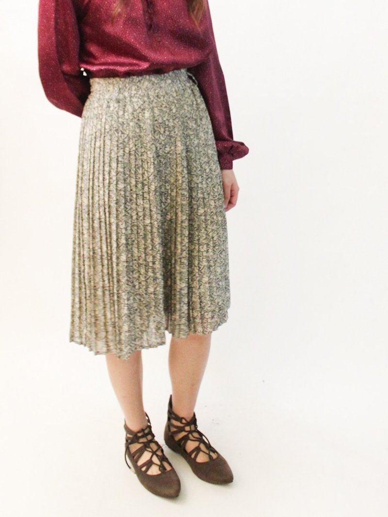 复古春夏欧洲典雅灰色花朵碎花百折古着长裙 Vintage Skirt - 裙子 - 聚酯纤维 