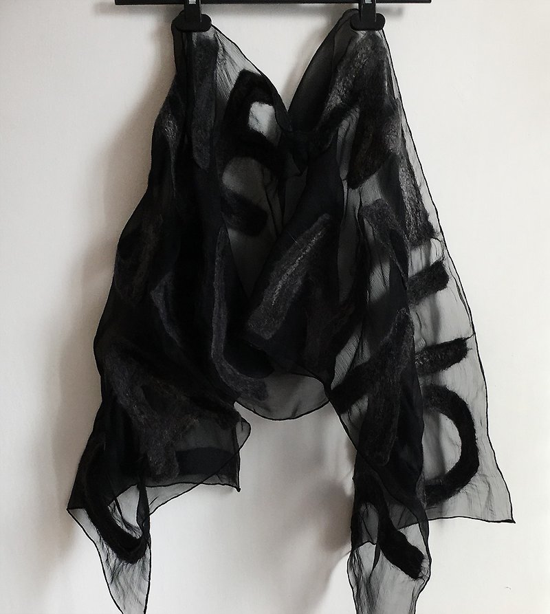 Black Silk Chiffon Scarf with Felted Letters Unique personalized gift for women - 丝巾 - 丝．绢 黑色