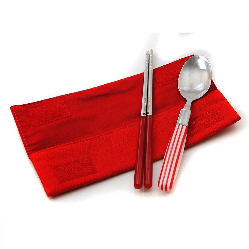 台湾第一筷。拐杖糖轻便组。小件筷匙组 - 餐刀/叉/匙组合 - 其他金属 红色
