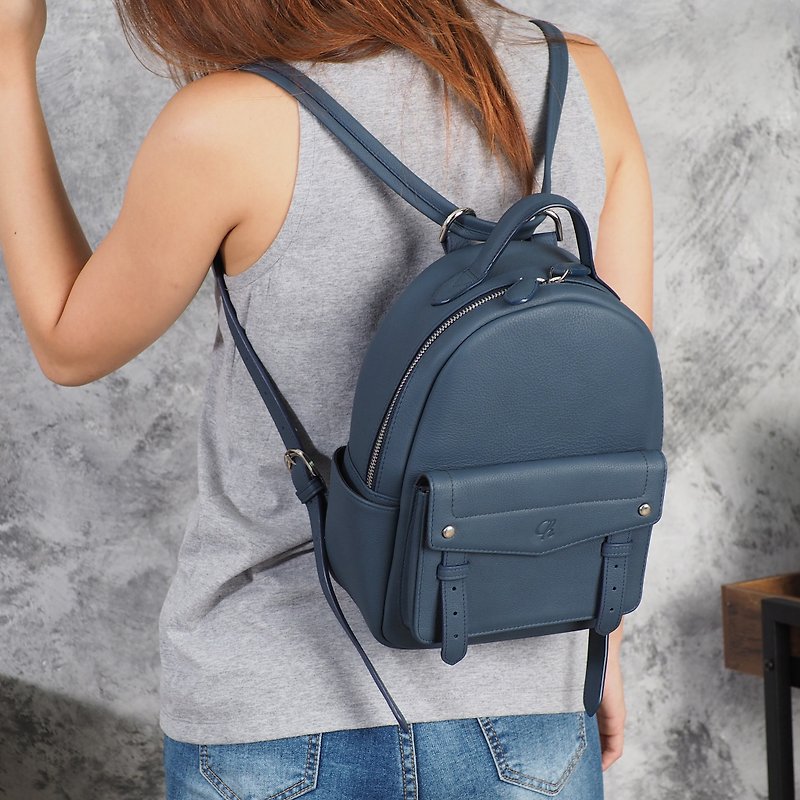 EMMA backpack (Stone Blue): leather backpack, Navy backpack - 后背包/双肩包 - 真皮 蓝色