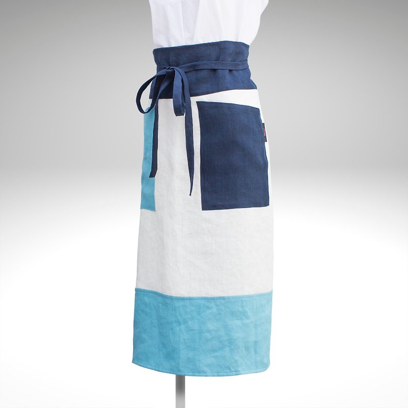 PSNY 立体縫製 ３色リネン・ホワイト・ブルー・ウエストエプロン・ロングサイズ ソムリエエプロン AP07 - 围裙 - 棉．麻 蓝色