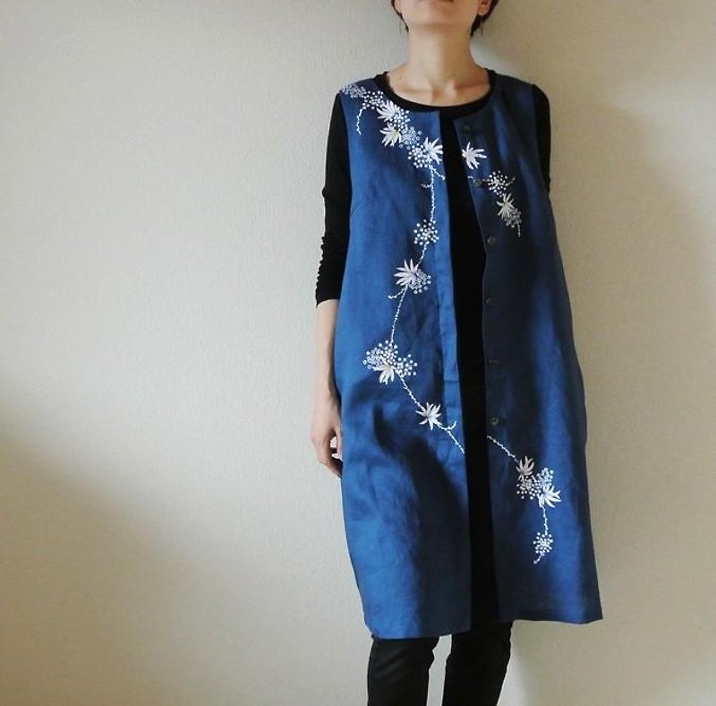 リネンロングベスト・ブルー　海中植物 - 女装上衣 - 棉．麻 蓝色