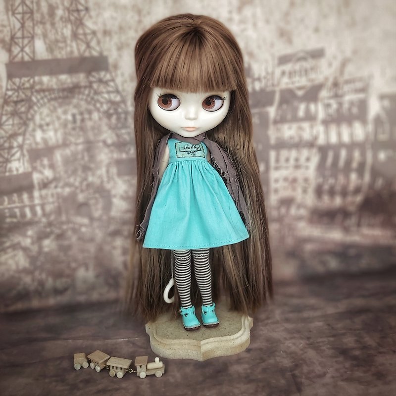 Blythe娃娃套装：水蓝色洋装、皮凉鞋、围巾、丝袜 - 玩具/玩偶 - 棉．麻 蓝色