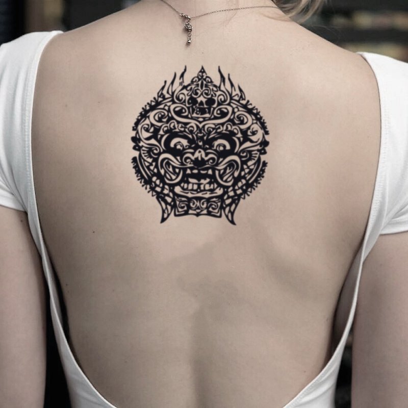 TOOD 纹身贴纸 | 背部位置 Foo Dog 石狮动物刺青图案纹身贴纸 (2枚) - 纹身贴 - 纸 黑色