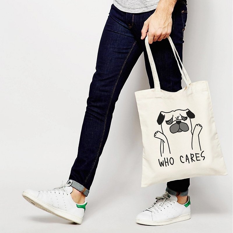 Who Cares Pug 帆布环保肩背手提包购物袋 米白 巴哥哈巴狗动物 - 侧背包/斜挎包 - 其他材质 白色