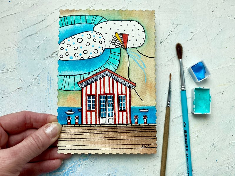Beach house painting Mini art Original artwork Small coastal wall art - 海报/装饰画/版画 - 纸 多色