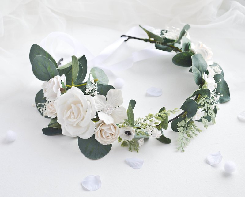 Greenery crown, Eucalyptus crown, White floral crown, Boho flower crown - 发饰 - 纸 白色