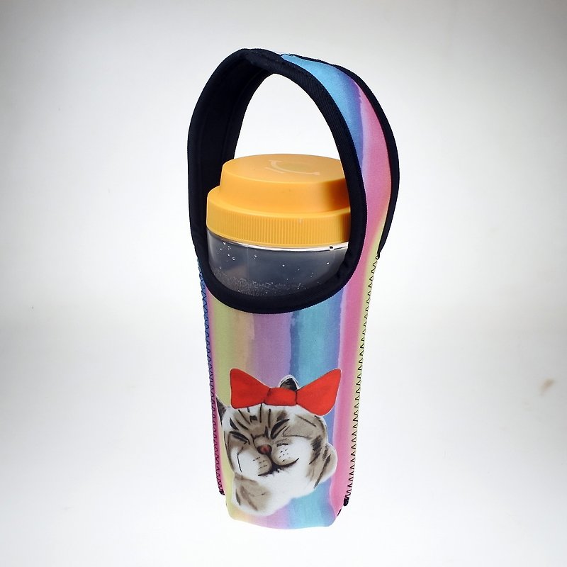3猫小铺猫咪图案环保饮料提袋 彩虹蝴蝶结猫 - 随行杯提袋/水壶袋 - 聚酯纤维 
