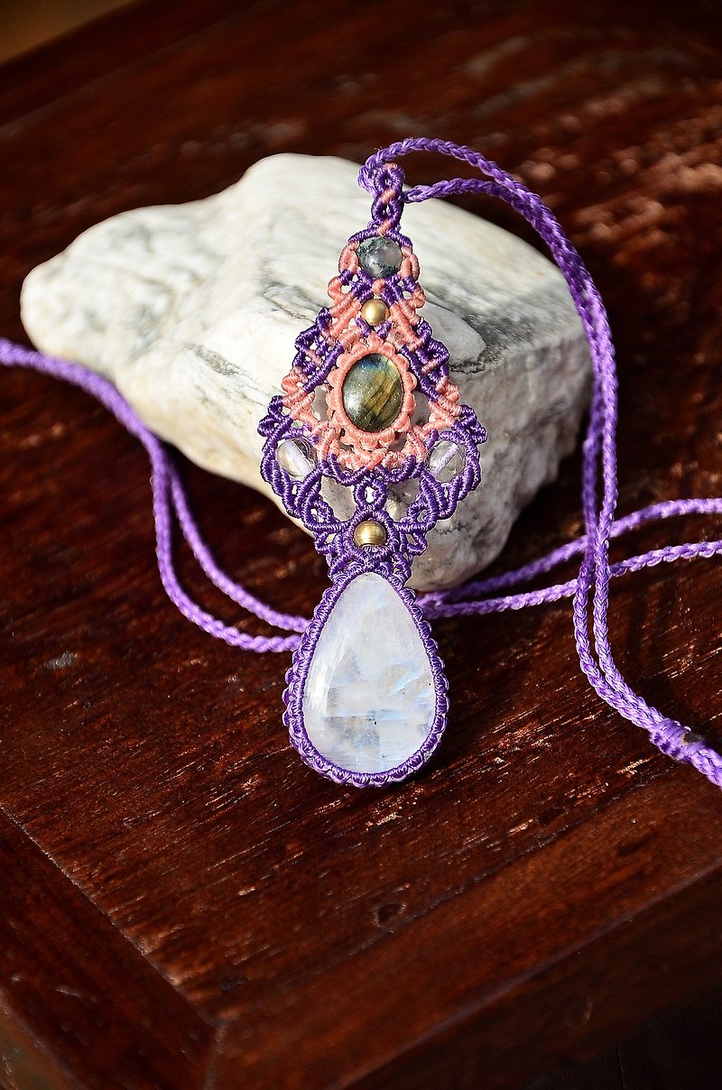 天然水晶月光石 拉长石 花边编织项链 - 项链 - 宝石 紫色