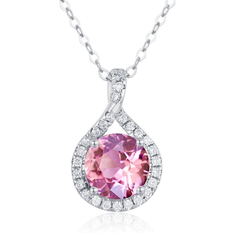 粉红蓝宝石钻石水滴项链-14k白金多层次颈链-简约星球吊坠-生日石 - 项链 - 贵金属 粉红色