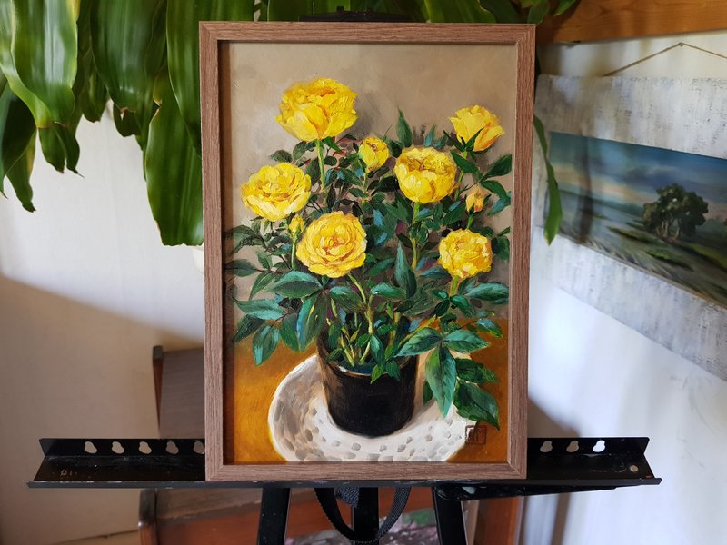 Original  Yellow roses flowers artwork hand painted oil painting framed - 墙贴/壁贴 - 其他材质 