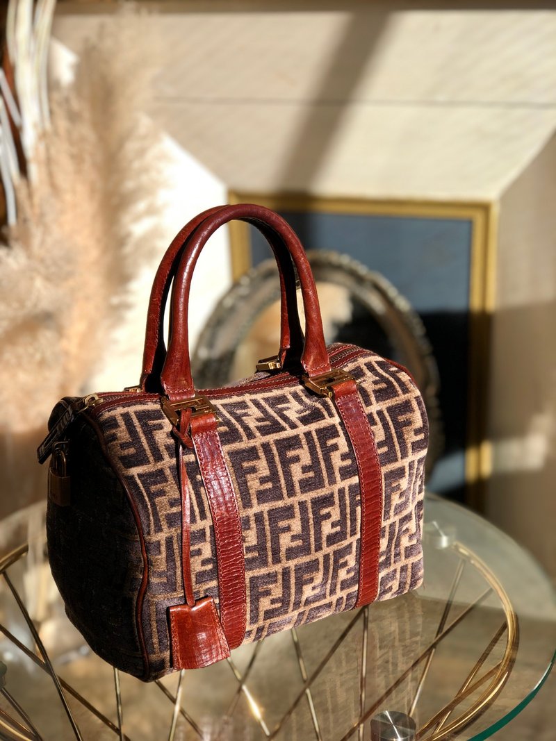 【 日本直送　名牌中古包 】　FENDI ズッカ カデナ ベロア×レザー ミニボストン ハンドバッグ ブラウン vintage オールド 3784cm - 手提包/手提袋 - 真皮 咖啡色