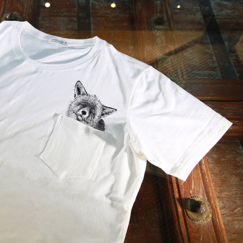 【口袋动物园】狐 - 男装上衣/T 恤 - 棉．麻 白色