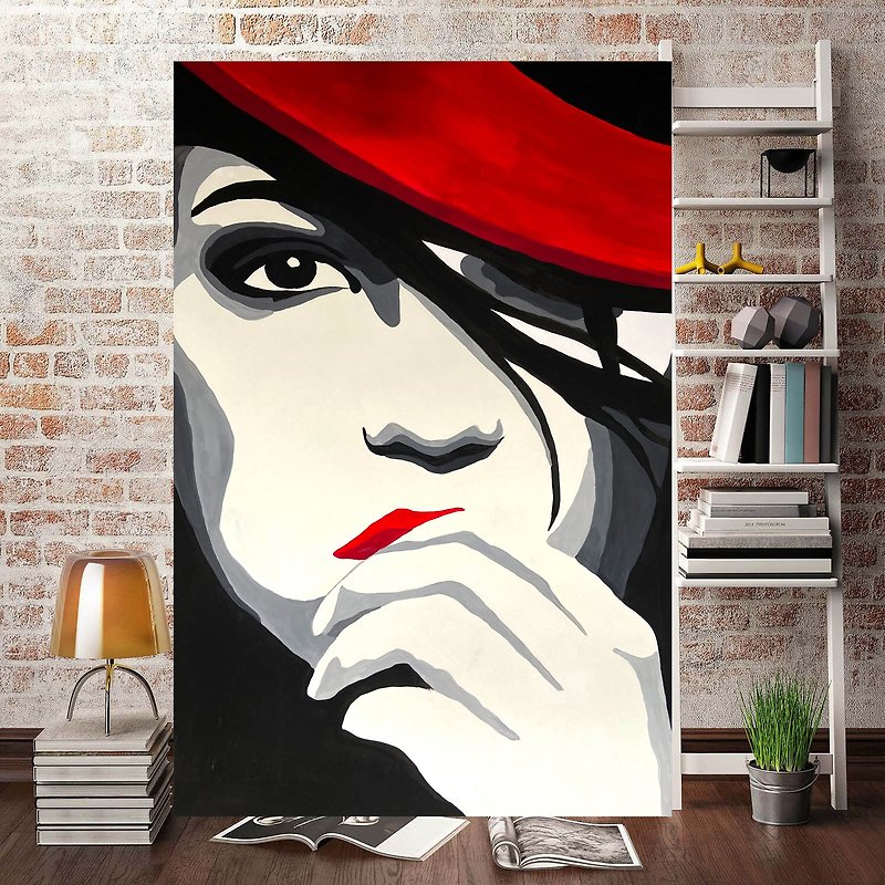 时尚女孩绘画肖像女人原创艺术女士艺术女士帽子艺术品红色口红女 - 海报/装饰画/版画 - 其他材质 黑色