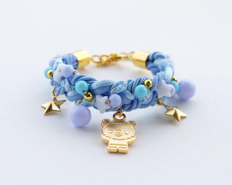 Golden teddy bear blue braided bracelet - 手链/手环 - 聚酯纤维 蓝色