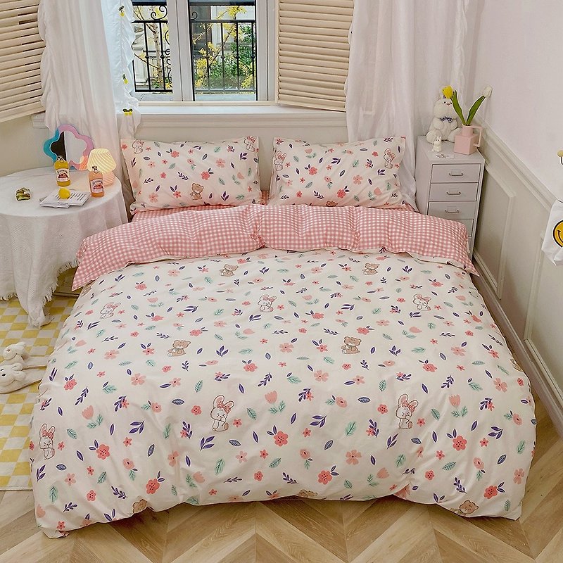 台湾制 40支 精梳棉 银离子 床包枕套两用被 抗螨 抗菌-捉迷藏B - 寝具 - 其他材质 粉红色