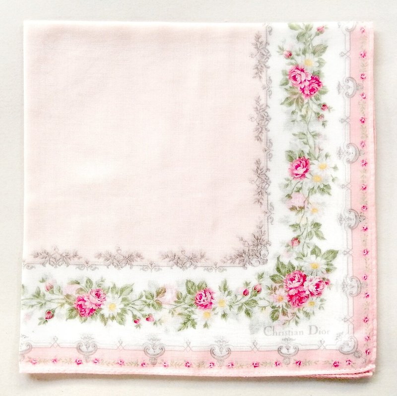 Christian Dior Vintage Handkerchief Floral Pink 19 x 19 inches - 手帕/方巾 - 棉．麻 粉红色