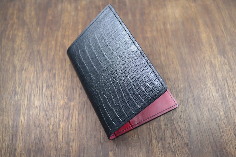 APEE皮手工~护照夹~鳄鱼皮纹黑+红 - 护照夹/护照套 - 真皮 黑色