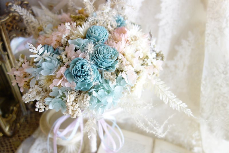 婚礼花饰系列~浪漫粉蓝圆形捧花 - 干燥花/捧花 - 植物．花 粉红色