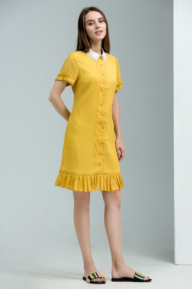 NEGA C. 蕾丝领衬衫连身裙 - 洋装/连衣裙 - 聚酯纤维 黄色