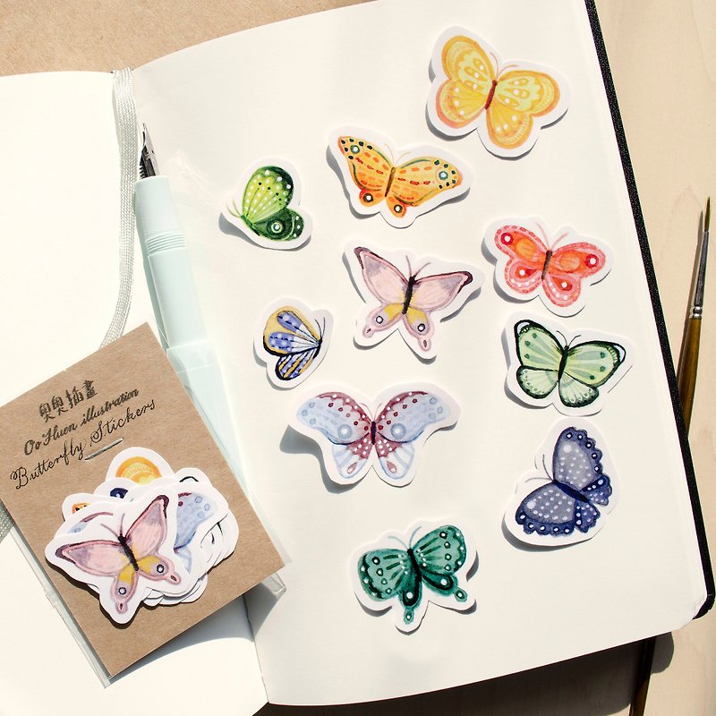 水彩插画《蝴蝶贴纸》（十入）连明信片一张－butterfly sticker 10pcs - 贴纸 - 纸 