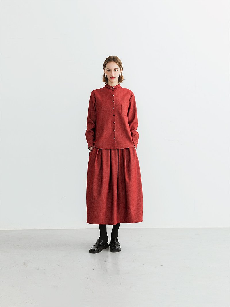 正红色人字纹羊毛混纺衬衫 - 女装衬衫 - 羊毛 红色