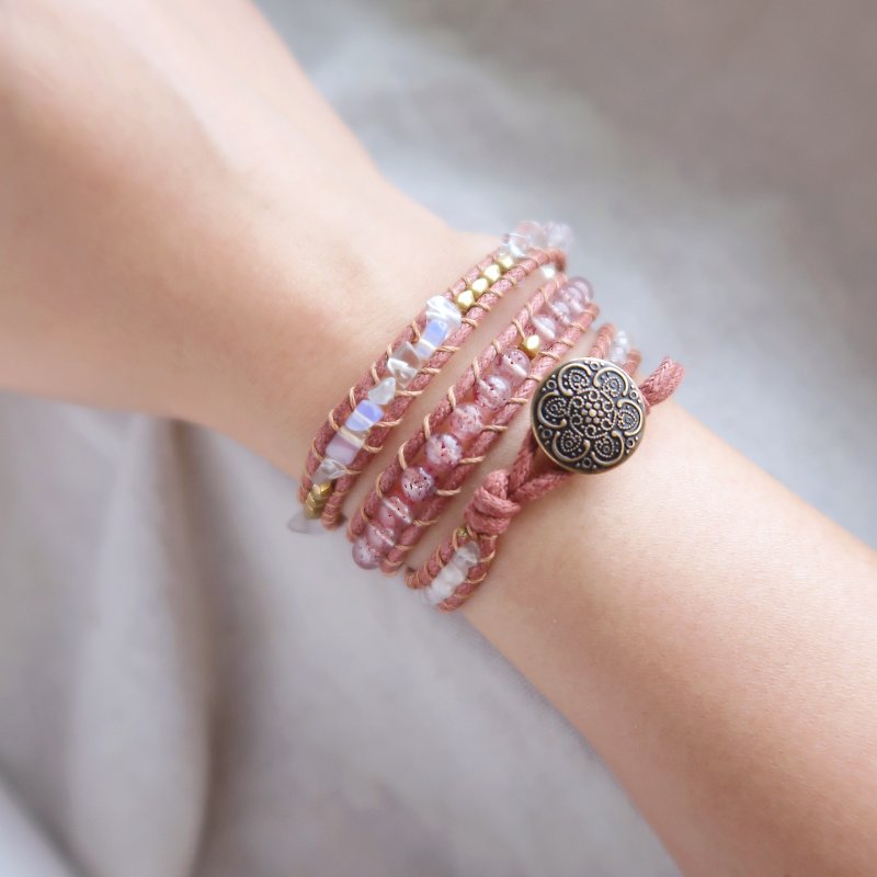 天然石编织手环-粉色系/三圈 草莓晶 蛋白石 - 手链/手环 - 半宝石 粉红色