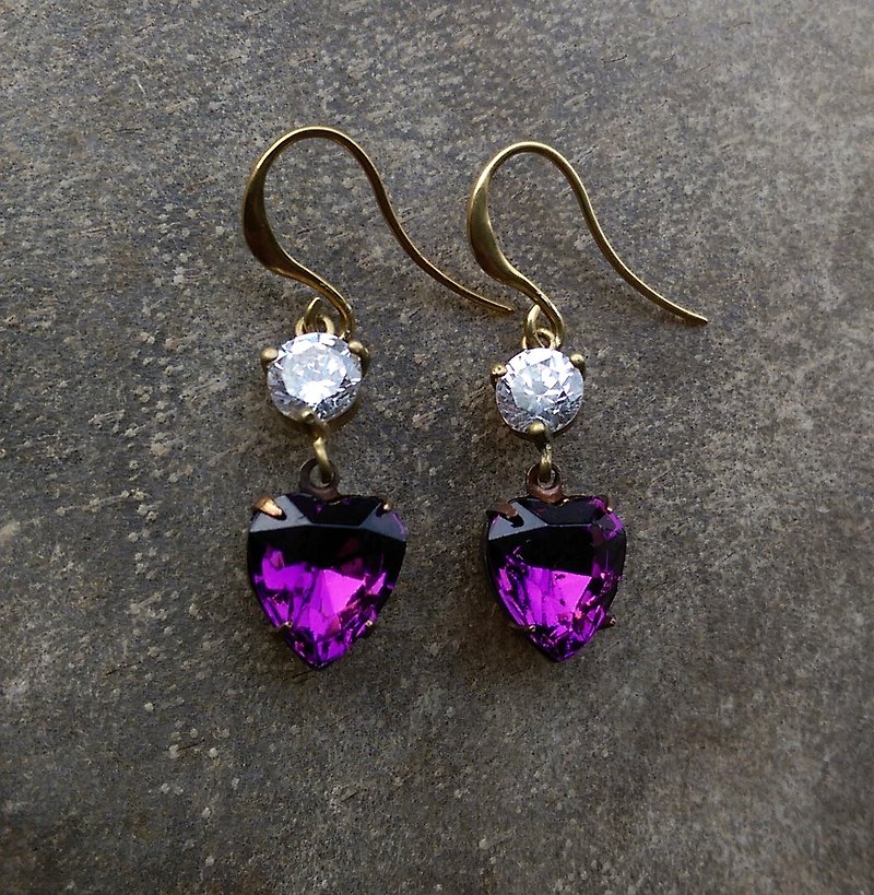 紫色Swarovski爱心锆石耳环 - 耳环/耳夹 - 宝石 紫色
