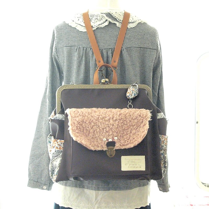 3 WAY Right zipper with BIG rucksack full set Milk tea fur & brown - 后背包/双肩包 - 真皮 咖啡色