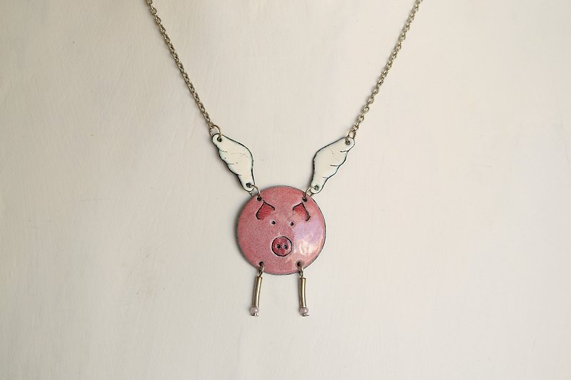 Pig Necklace, Enamel Pig Necklace, Pig With Wings, Flying Pig Necklace, Piggy, - 耳环/耳夹 - 珐琅 粉红色